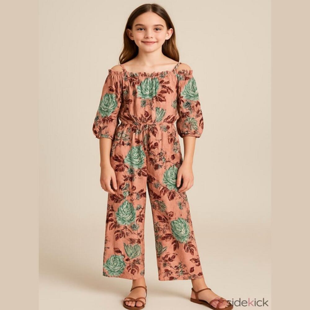 Angie Pink and‎ Green Floral Jumpsuit Girl's Size Large